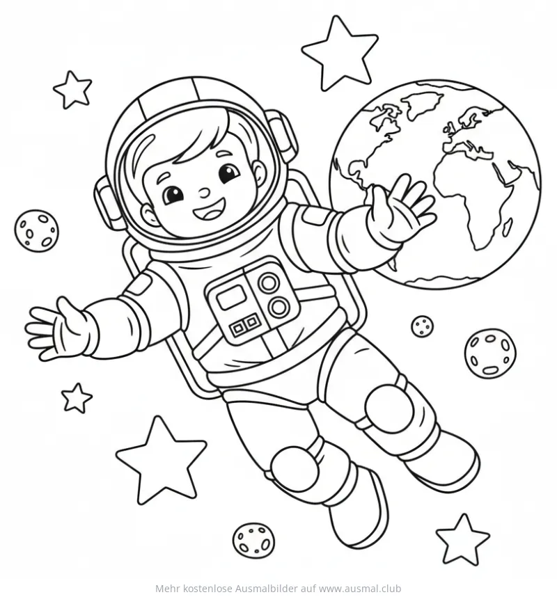 Astronaut im Weltraum Ausmalbild mit Erde, Monden und Sternen
