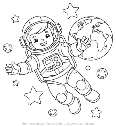 Astronaut im Weltraum Ausmalbild mit Erde, Monden und Sternen