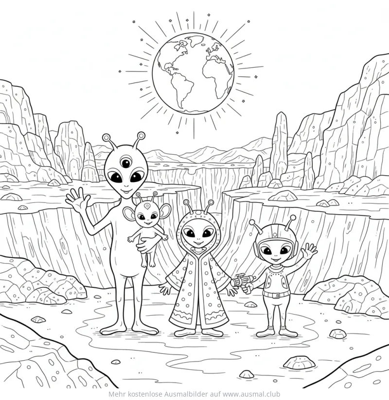 Aliens Familie vor Canyon mit Erde im Hintergrund Ausmalbild