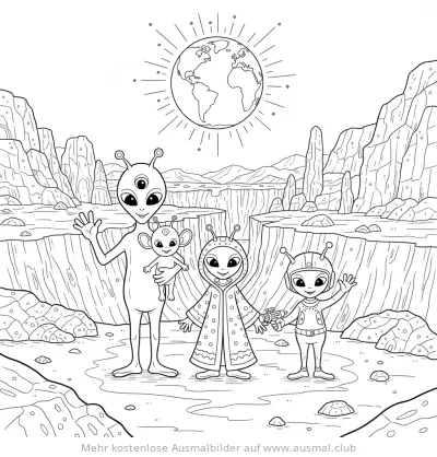 Aliens Familie vor Canyon mit Erde im Hintergrund Ausmalbild