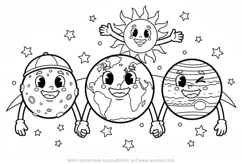 Planetenfreunde: Erde, Mond, Jupiter und Sonne als Ausmalbild