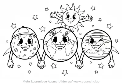 Planetenfreunde: Erde, Mond, Jupiter und Sonne als Ausmalbild