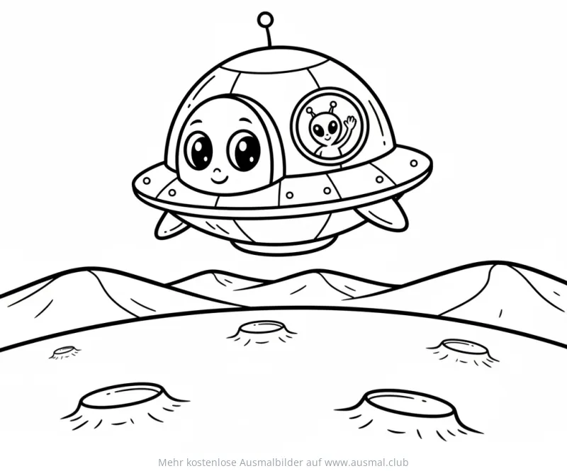 Raumschiff mit Alien und Astronaut auf dem Mond Ausmalbild