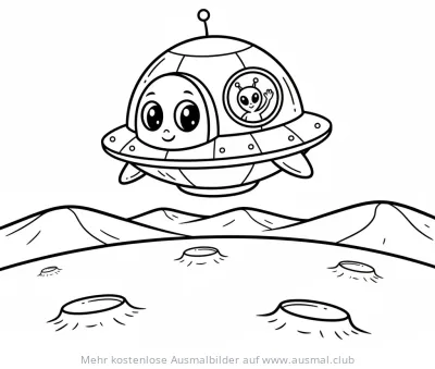 Raumschiff mit Alien und Astronaut auf dem Mond Ausmalbild