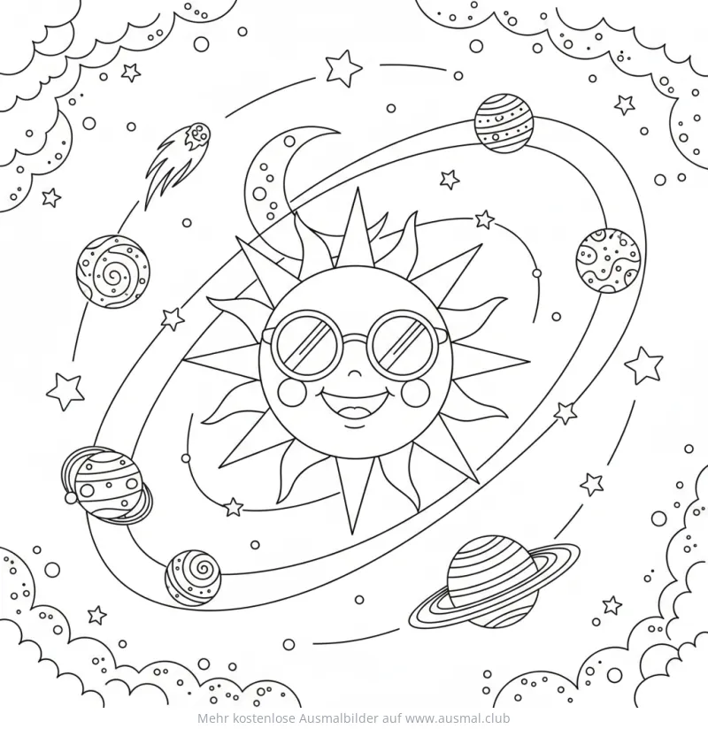 Freundliche Sonne mit Sonnenbrille und Planeten Ausmalbild