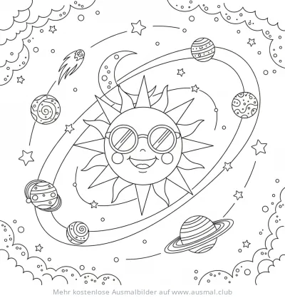 Freundliche Sonne mit Sonnenbrille und Planeten Ausmalbild