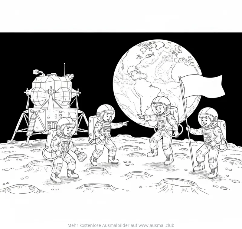 Astronauten auf dem Mond Ausmalbild mit Erde und Landefähre