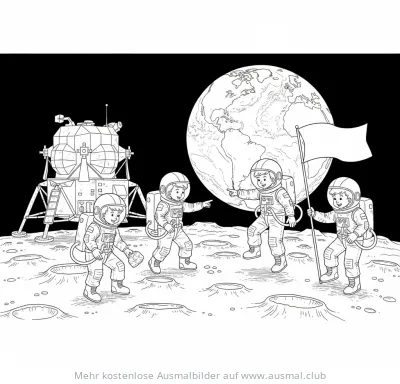 Astronauten auf dem Mond Ausmalbild mit Erde und Landefähre