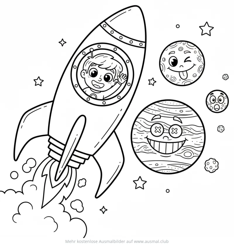 Rakete mit Junge und Planeten Ausmalbild