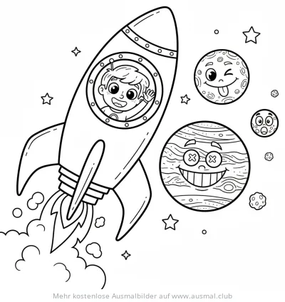 Rakete mit Junge und Planeten Ausmalbild