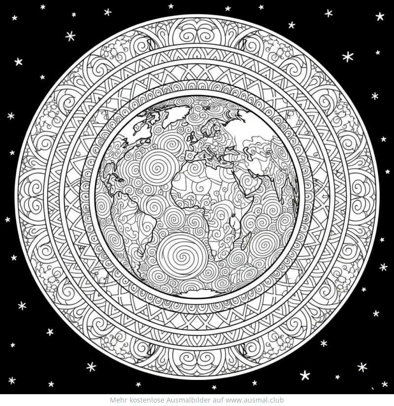 Erde Ausmalbild mit Mandala-Muster und Sternen