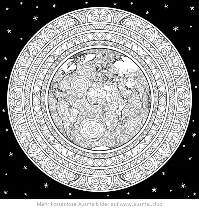 Erde Ausmalbild mit Mandala-Muster und Sternen