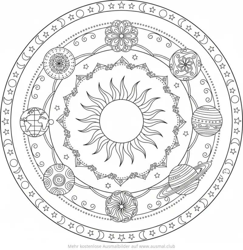 Sonnensystem mit Sonne und Planeten als Mandala Ausmalbild