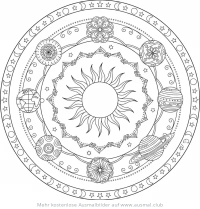 Sonnensystem mit Sonne und Planeten als Mandala Ausmalbild