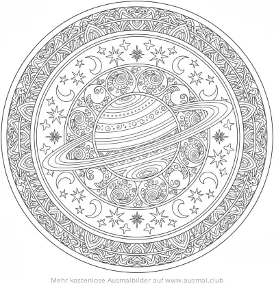 Saturn Ausmalbild im Mandala-Stil mit Sternen und Monden