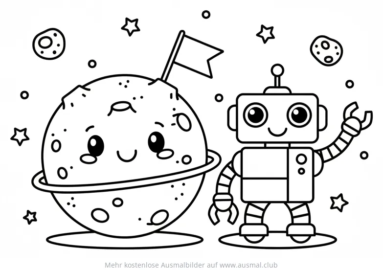 Mars Ausmalbild mit Roboter und Planet
