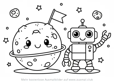 Mars Ausmalbild mit Roboter und Planet