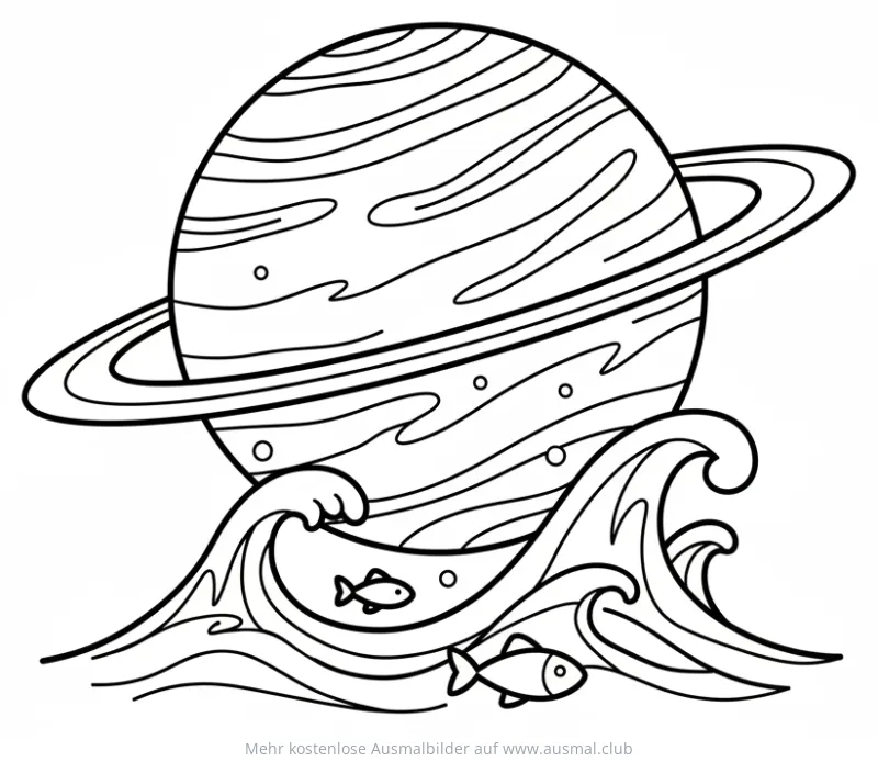 Neptun mit Ringen, Wellen und Fischen Ausmalbild