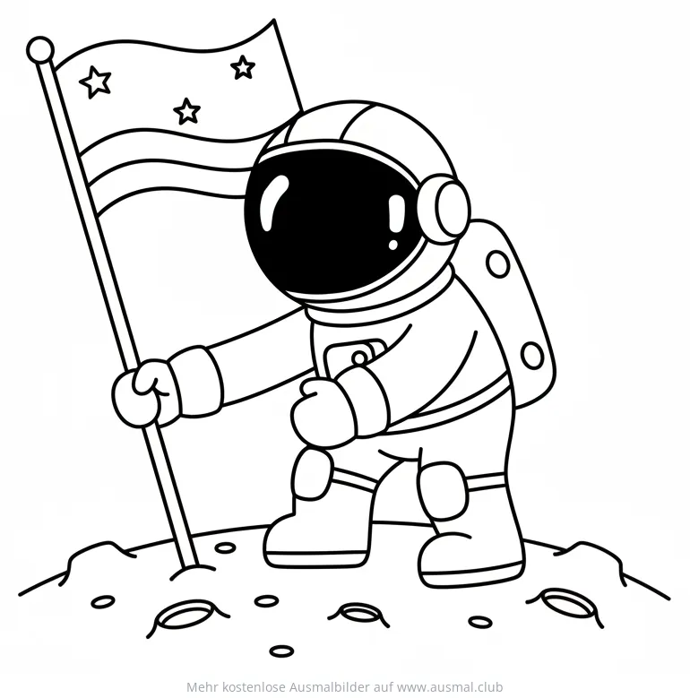 Astronaut hisst Flagge mit Sternen auf Mond Ausmalbild