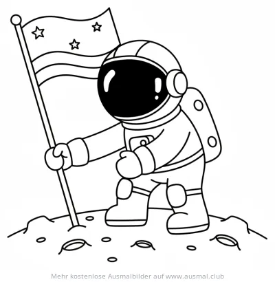 Astronaut hisst Flagge mit Sternen auf Mond Ausmalbild