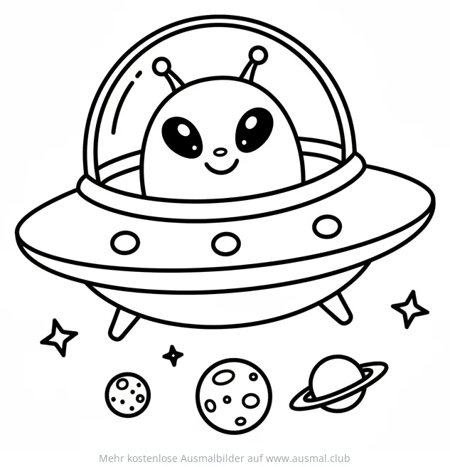 Alien im Ufo Ausmalbild mit Planeten und Sternen