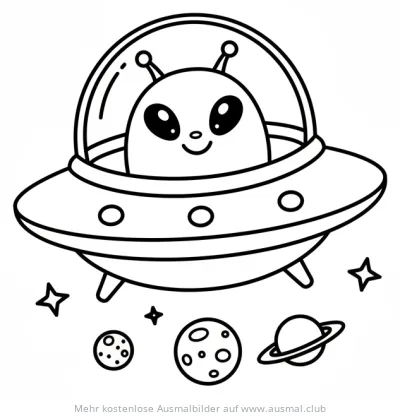 Alien im Ufo Ausmalbild mit Planeten und Sternen