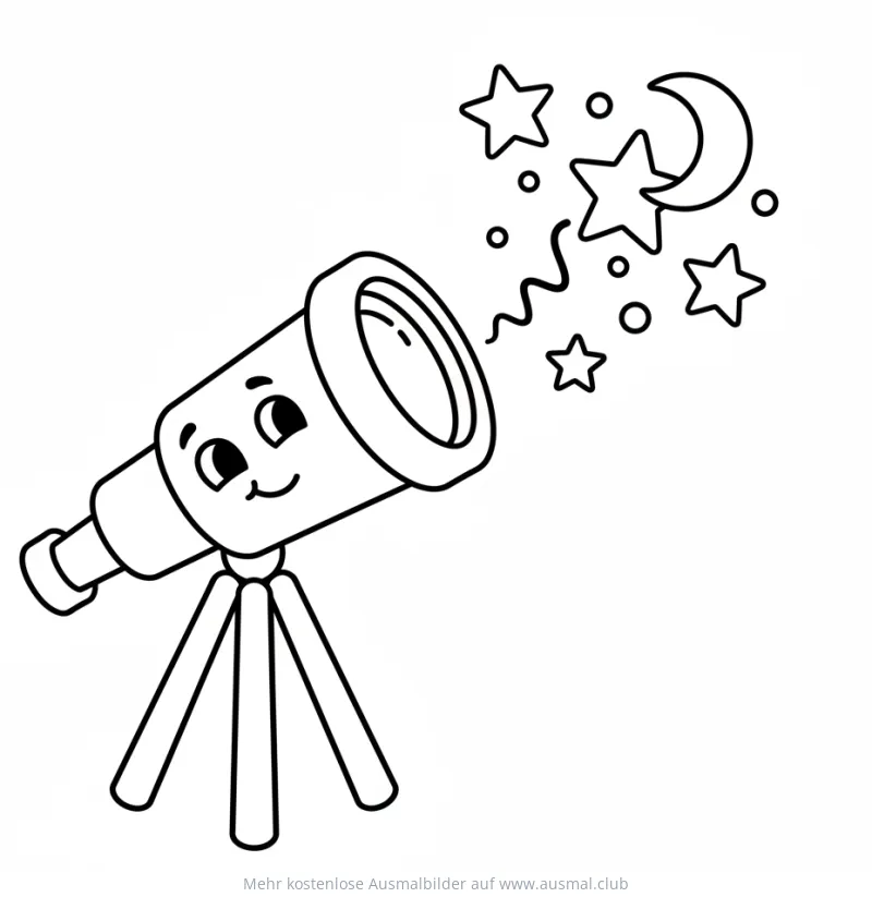 Freundliches Teleskop schaut Sterne und Mond an Ausmalbild