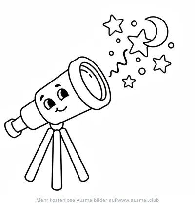 Freundliches Teleskop schaut Sterne und Mond an Ausmalbild