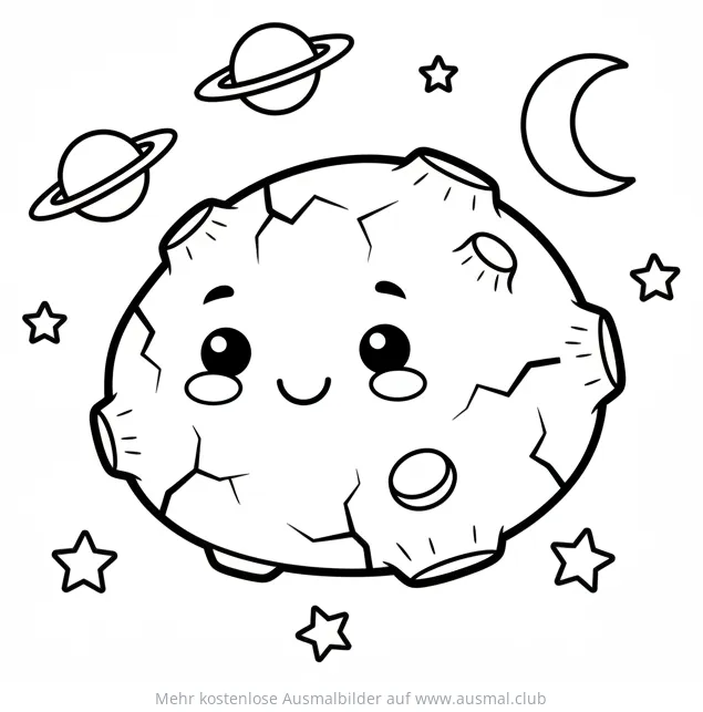 Freundlicher Asteroid mit Planeten und Sternen Ausmalbild