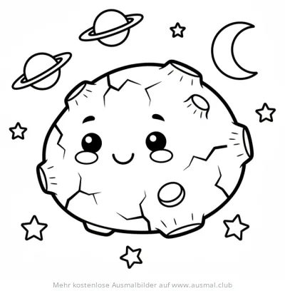 Freundlicher Asteroid mit Planeten und Sternen Ausmalbild