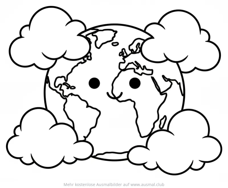 Freundliche Erde mit Wolken Ausmalbild