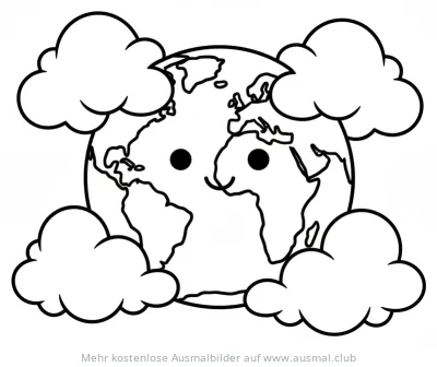 Freundliche Erde mit Wolken Ausmalbild