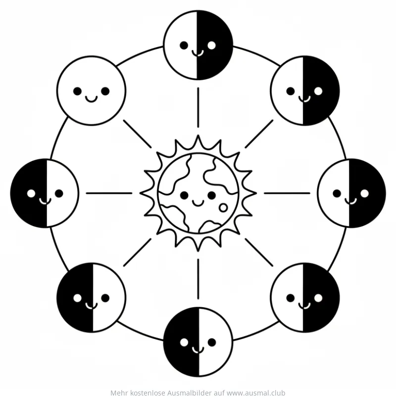 Mondphasen Ausmalbild mit Erde und acht verschiedenen Mondphasen