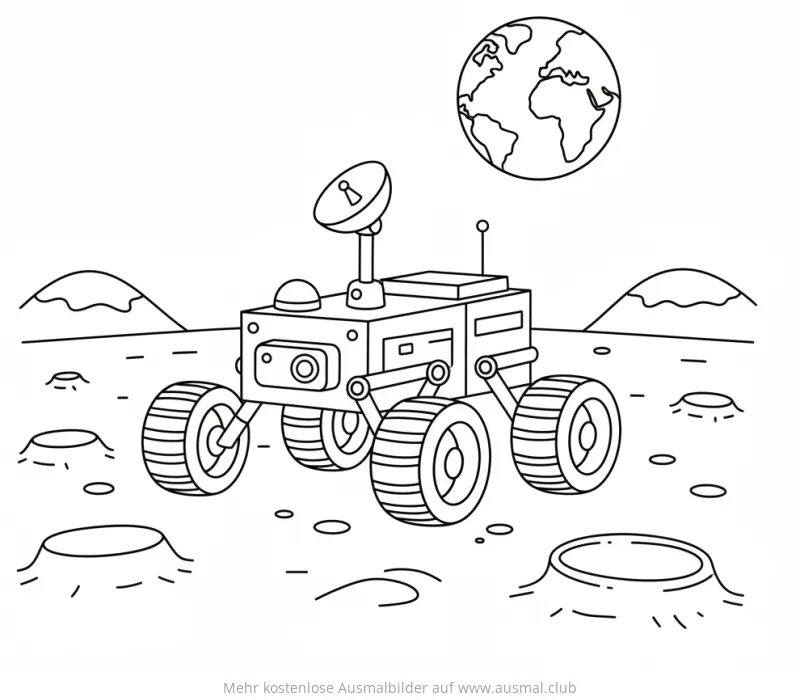Mars Rover auf dem Mond mit Erde im Hintergrund Ausmalbild