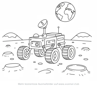 Mars Rover auf dem Mond mit Erde im Hintergrund Ausmalbild