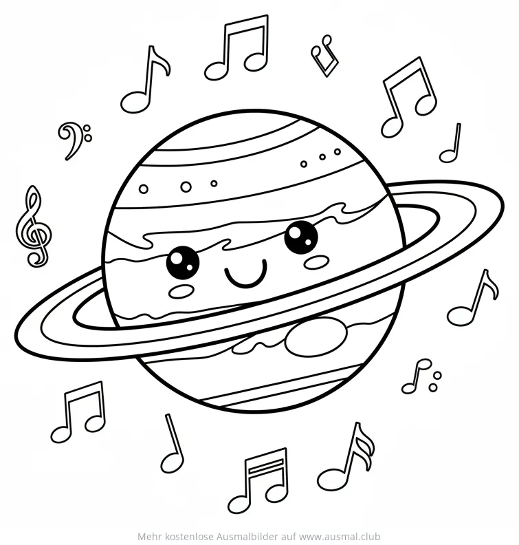Freundlicher Jupiter mit Ringen und Musiknoten Ausmalbild