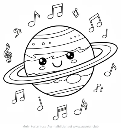 Freundlicher Jupiter mit Ringen und Musiknoten Ausmalbild