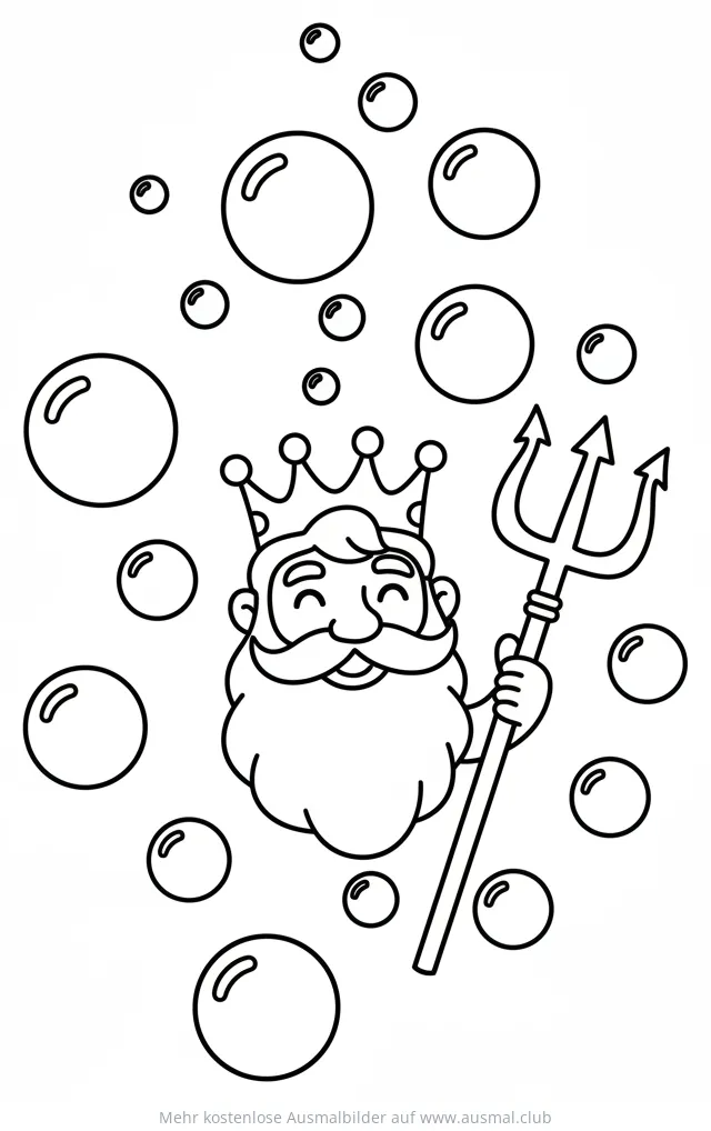 Neptun mit Dreizack und Krone umgeben von Blasen Ausmalbild