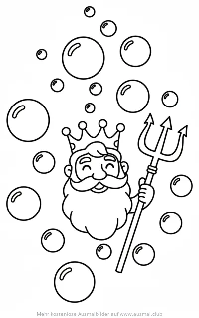 Neptun mit Dreizack und Krone umgeben von Blasen Ausmalbild