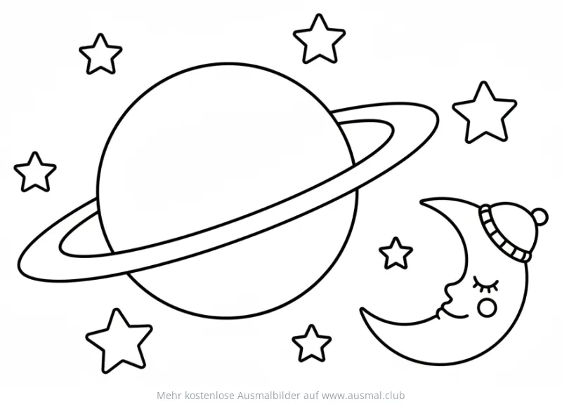 Schlafender Mond mit Zipfelmütze, Ringplanet und Sterne Ausmalbild