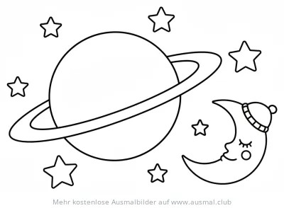 Schlafender Mond mit Zipfelmütze, Ringplanet und Sterne Ausmalbild