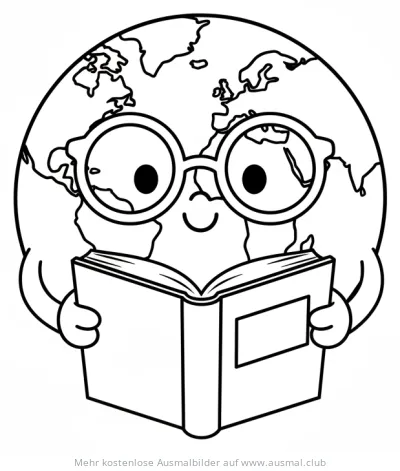 Comic Erde mit Brille liest ein Buch Ausmalbild
