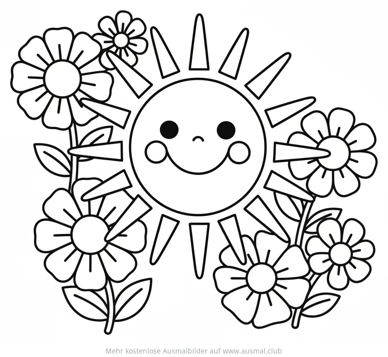 Sonne mit Gesicht und Blumen Ausmalbild