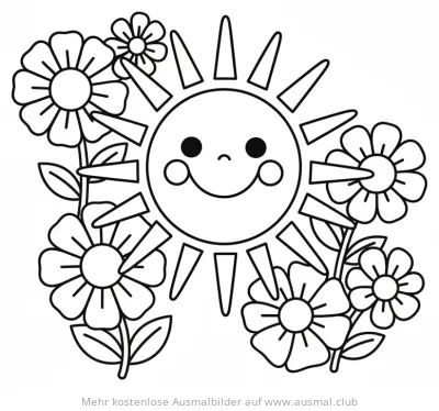 Sonne mit Gesicht und Blumen Ausmalbild