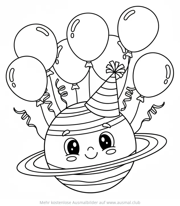 Planet mit Partyhut und Luftballons Ausmalbild