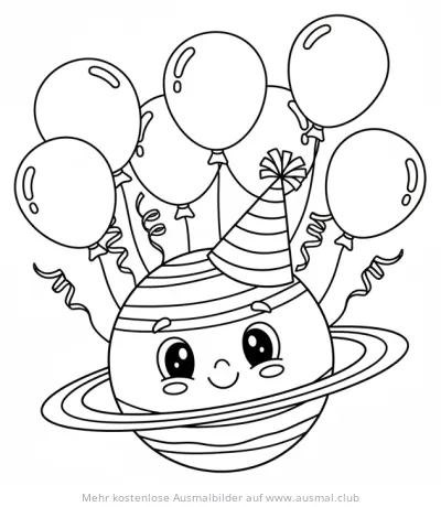 Planet mit Partyhut und Luftballons Ausmalbild