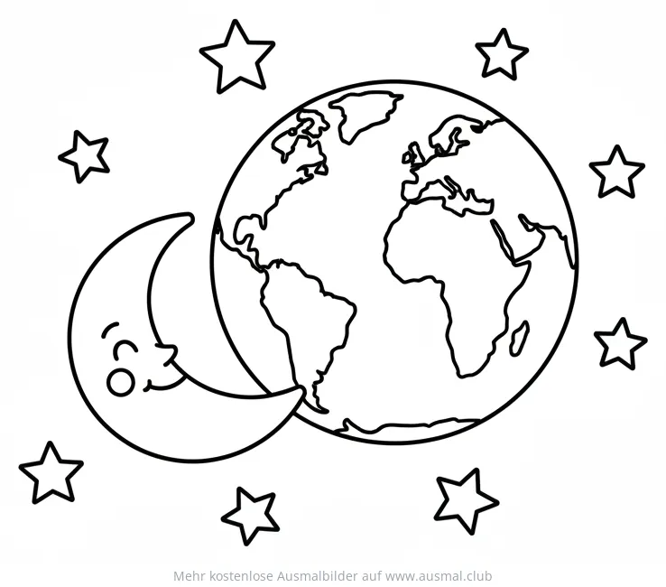 Mond mit Gesicht schmiegt sich an Erde, umgeben von Sternen Ausmalbild