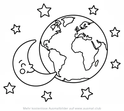 Mond mit Gesicht schmiegt sich an Erde, umgeben von Sternen Ausmalbild