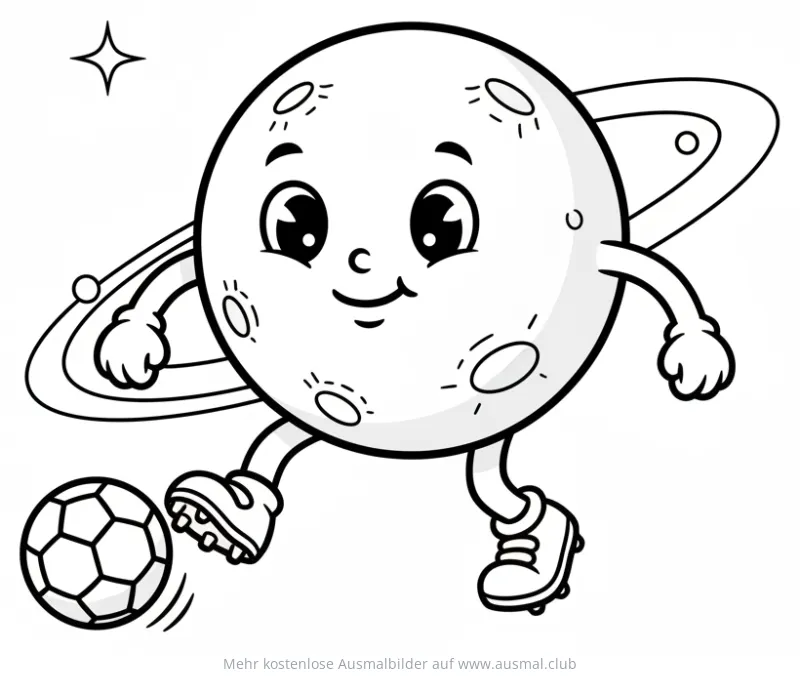 Planet mit Ringen und Gesicht spielt Fußball Ausmalbild