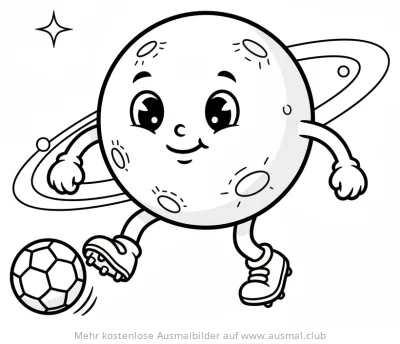 Planet mit Ringen und Gesicht spielt Fußball Ausmalbild